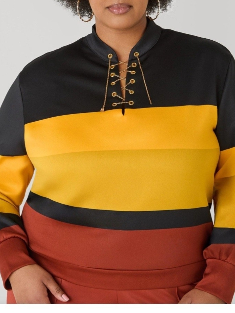 Ashley Stewart Black, Mustard & Rust Lace-Up Colorblock Crewneck
